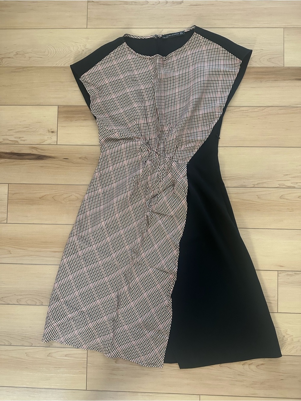 Zara Black and Pink Check Panel Midi Dress